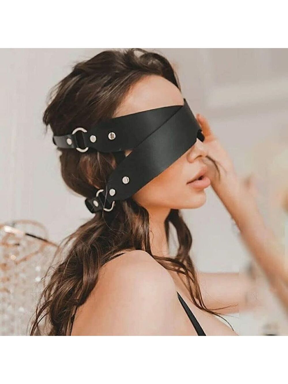 BLACK Leather Fetish Masquerade Face Mask Slave Bondage BDSM Costume Cosplay
